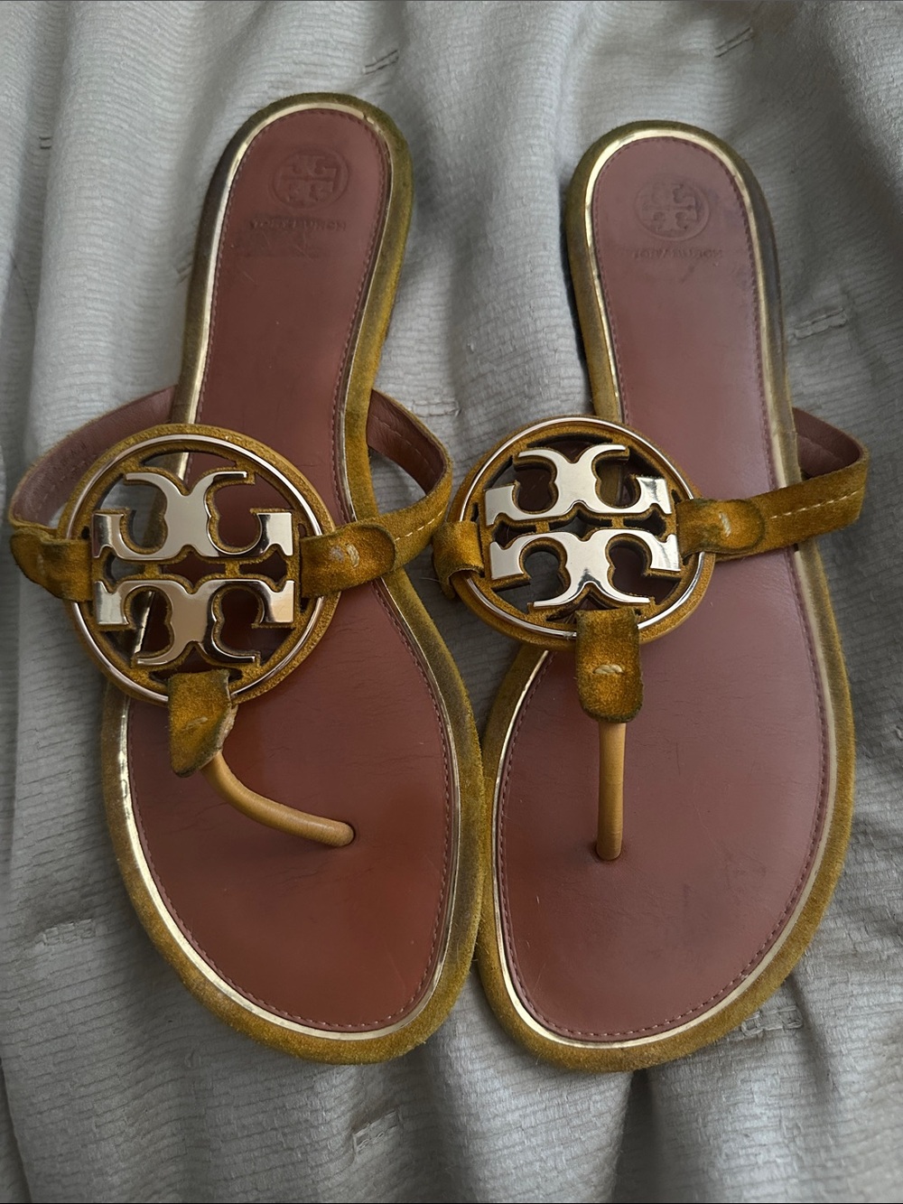 Tory Burch Metallic Gold Miller Thong Sandals with Brown Footbed